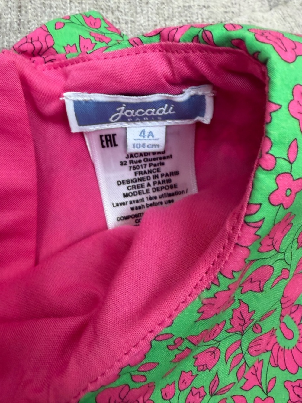 EUC JACADI Girls' Green and Pink Floral Peter Pan COLLAR Dress - Picture 2 of 3